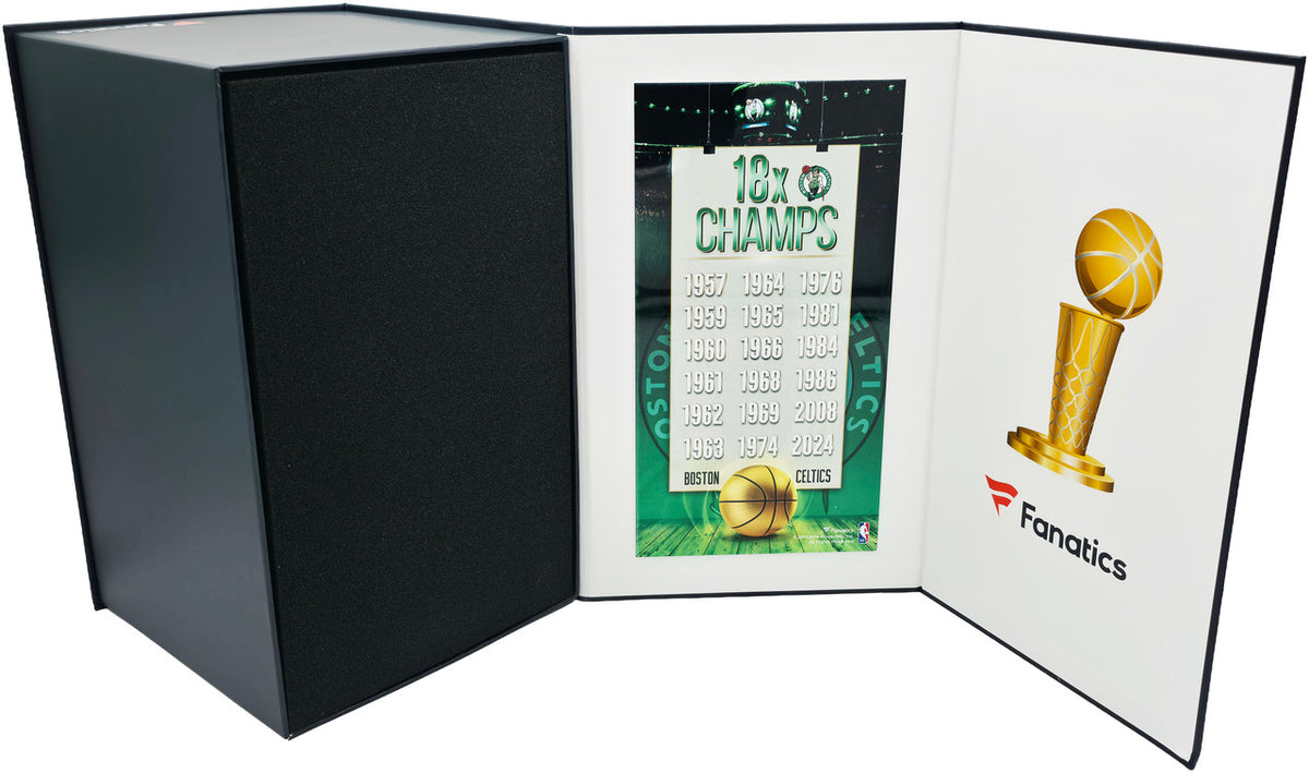 Larry Bird Autographed Gold Fanatics Mini Trophy Boston Celtics "18x Champ" Box Plaque Beckett BAS Witness Stock #256921
