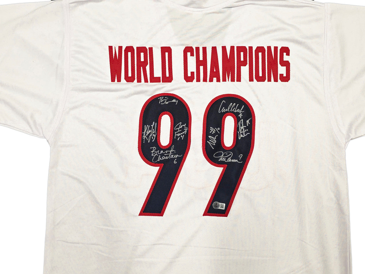 1999 Team USA Women's Soccer World Cup Champions Autographed White Jersey With 8 Signatures Including Hamm & Chastain Beckett BAS Witness Stock #257835