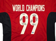 1999 Team USA Women's Soccer World Cup Champions Autographed Red Jersey With 8 Signatures Including Hamm & Chastain Beckett BAS Witness Stock #257833