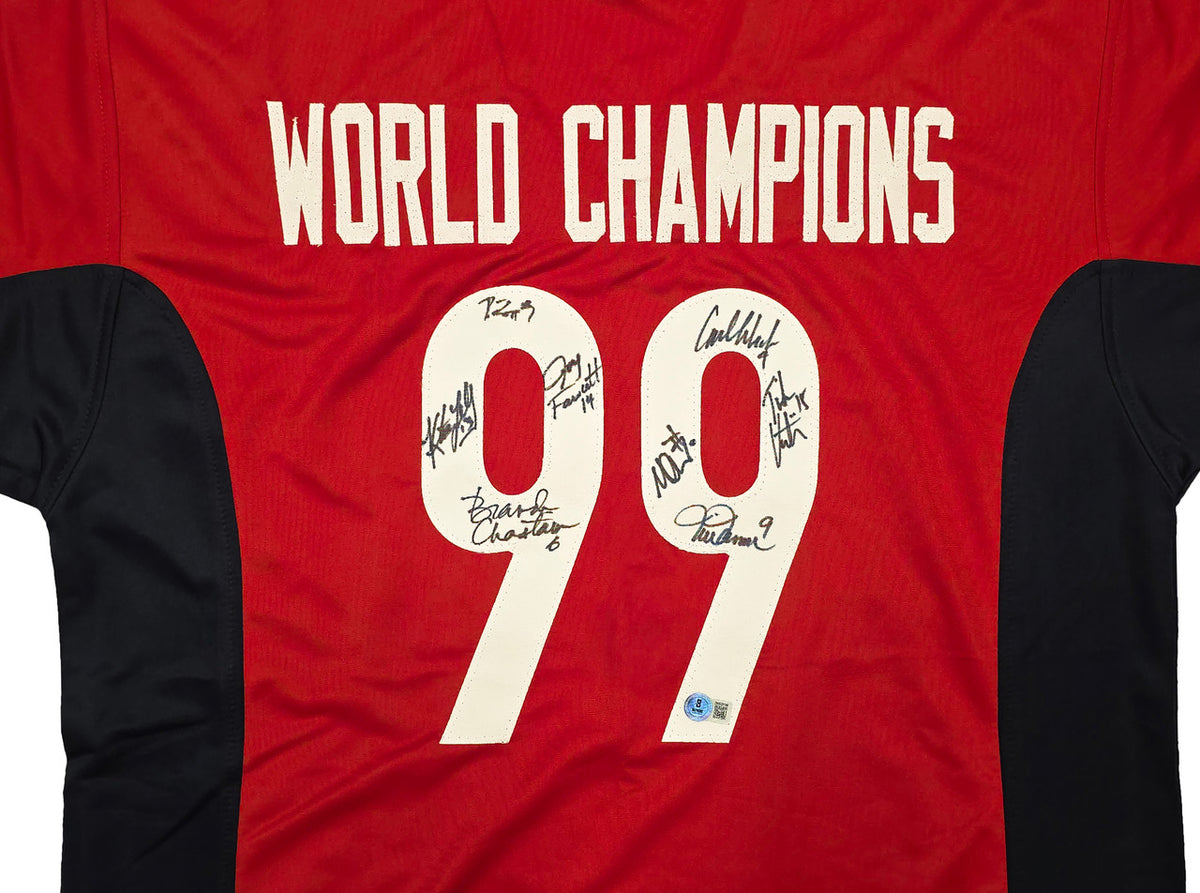 1999 Team USA Women's Soccer World Cup Champions Autographed Red Jersey With 8 Signatures Including Hamm & Chastain Beckett BAS Witness Stock #257833