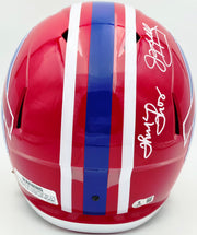 Jim Kelly, Thurman Thomas & Andre Reed Autographed Buffalo Bills Red Full Size Replica Speed Helmet Beckett BAS Witness Stock #256871