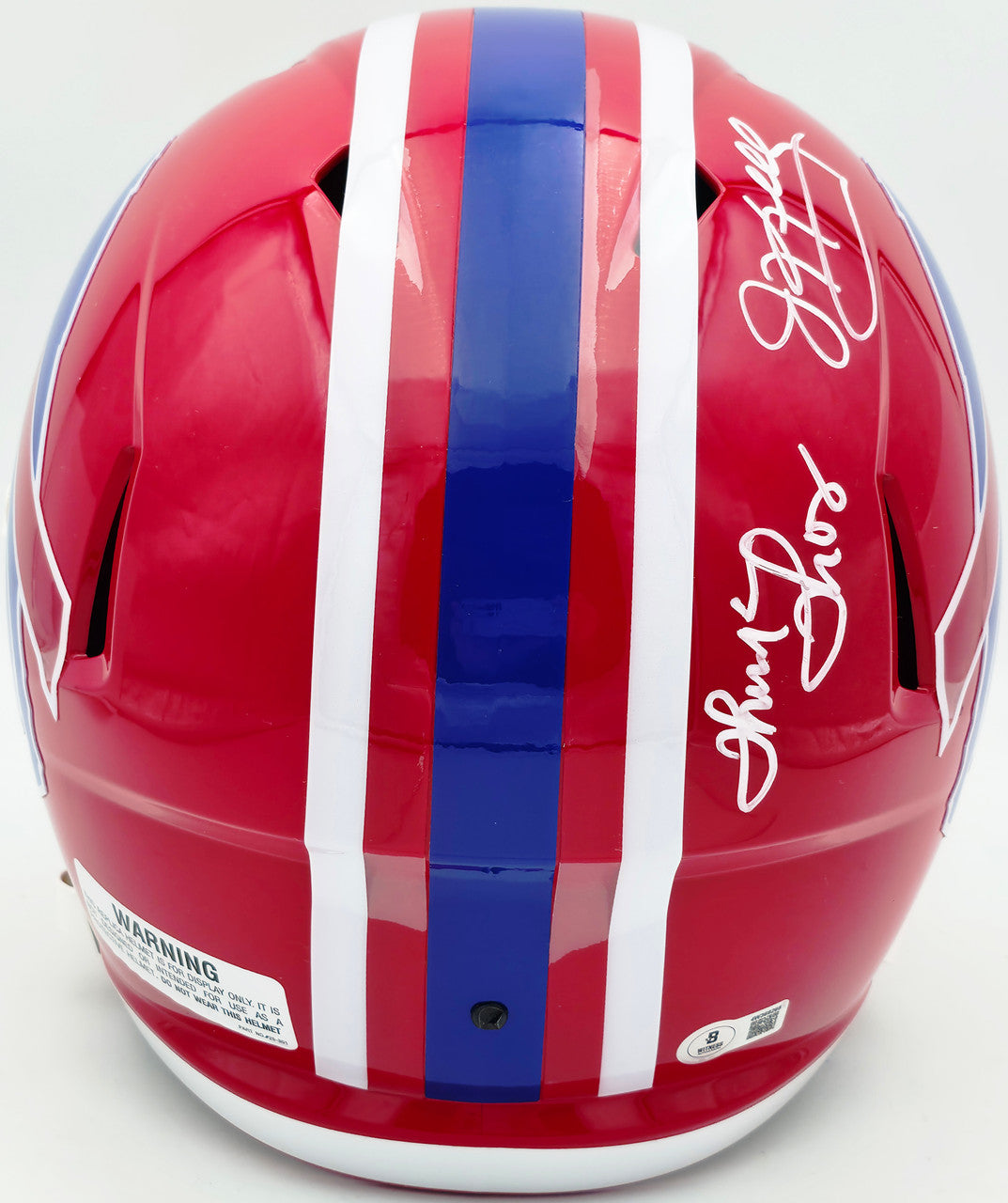 Jim Kelly, Thurman Thomas & Andre Reed Autographed Buffalo Bills Red Full Size Replica Speed Helmet Beckett BAS Witness Stock #256871