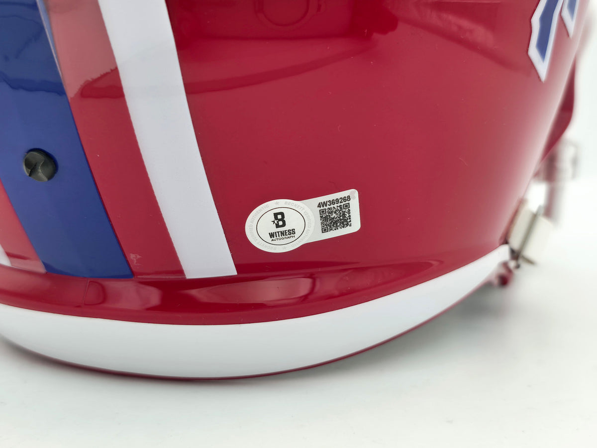 Jim Kelly, Thurman Thomas & Andre Reed Autographed Buffalo Bills Red Full Size Replica Speed Helmet Beckett BAS Witness Stock #256871