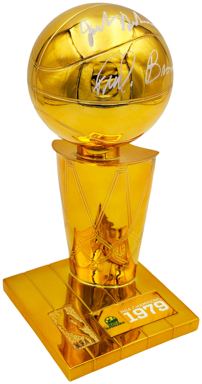 Jack Sikma & Fred Brown Autographed Fanatics 1978-79 NBA Champions Logo Mini Trophy Seattle Supersonics MCS Holo Stock #256896
