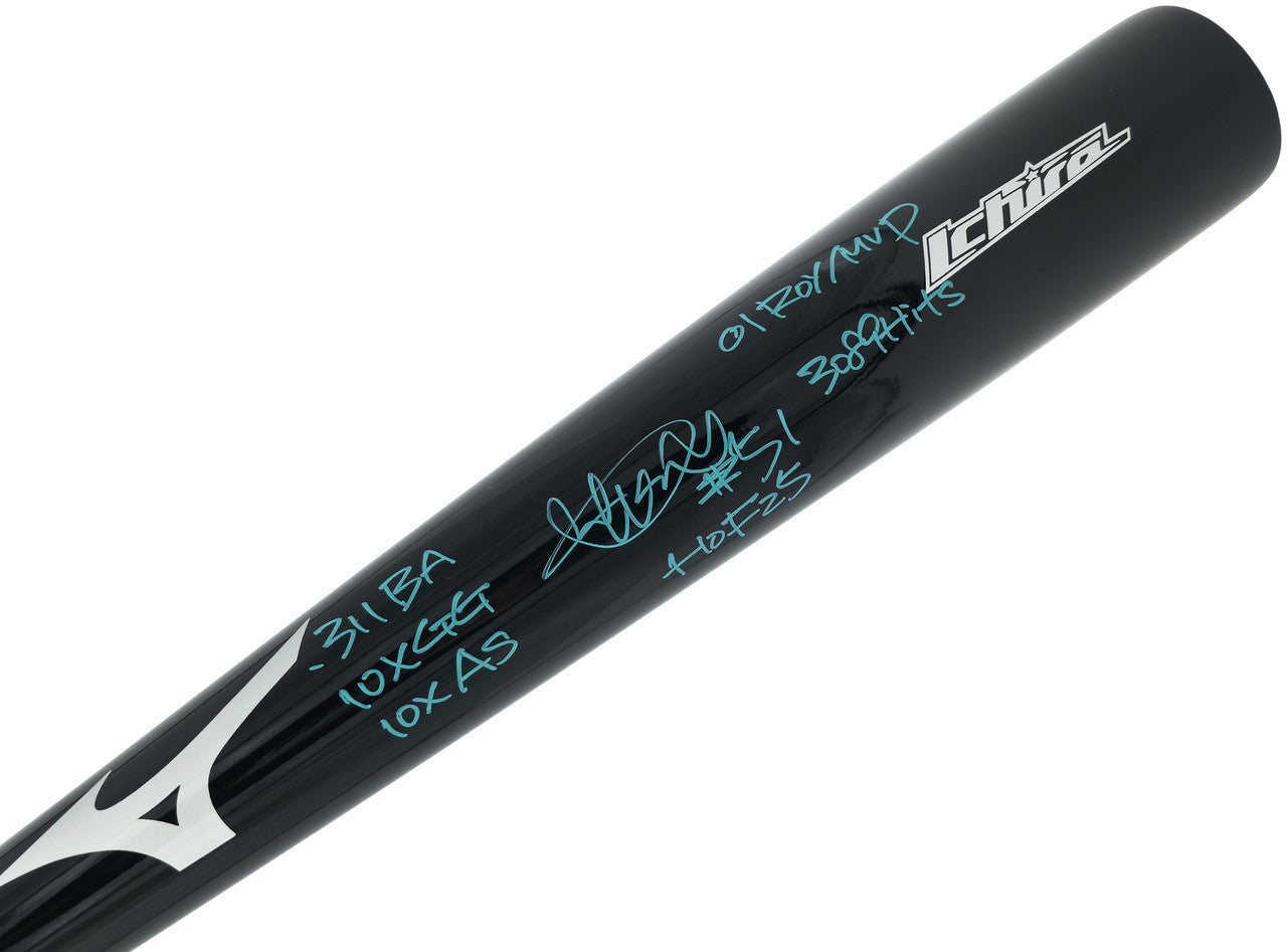 Ichiro Suzuki Autographed Black Mizuno Player Model Baseball Bat Seattle Mariners With 7 Stats IS Holo & Beckett BAS Witness Stock #256835