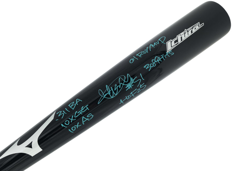 Ichiro Suzuki Autographed Black Mizuno Player Model Baseball Bat Seattle Mariners With 7 Stats IS Holo & Beckett BAS Witness Stock #256835