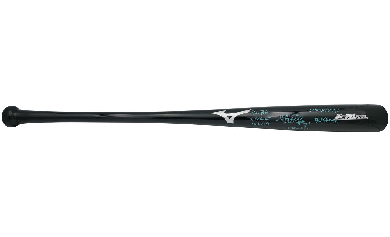 Ichiro Suzuki Autographed Black Mizuno Player Model Baseball Bat Seattle Mariners With 7 Stats IS Holo & Beckett BAS Witness Stock #256835