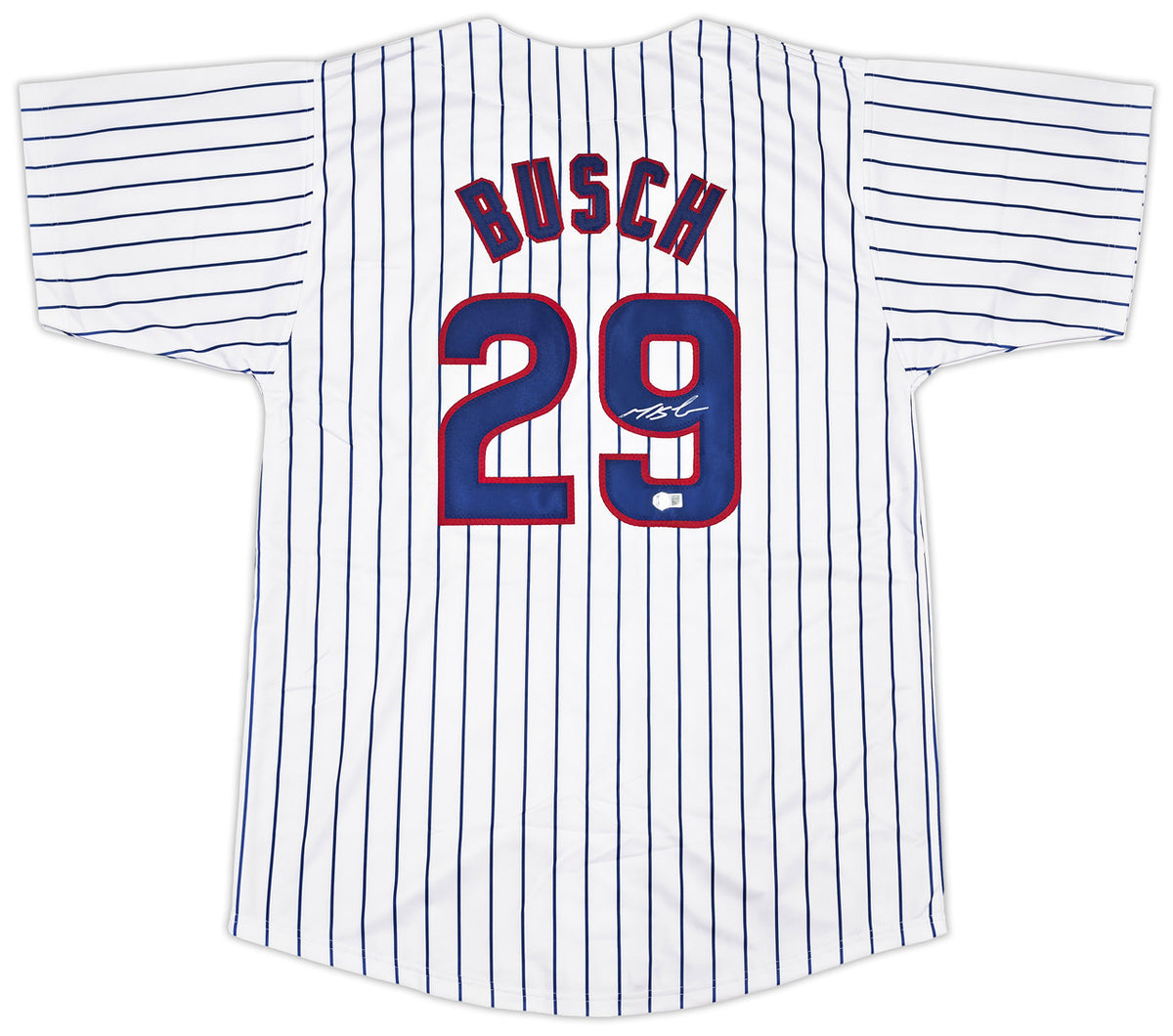 Chicago Cubs Michael Busch Autographed White Pinstripes Jersey Beckett BAS Witness Stock #256912