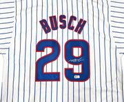 Chicago Cubs Michael Busch Autographed White Pinstripes Jersey Beckett BAS Witness Stock #256912