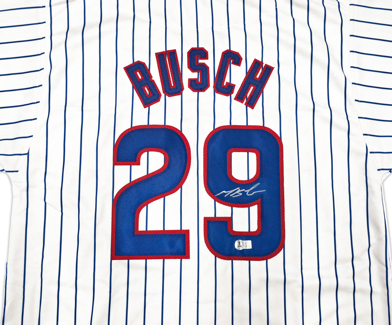 Chicago Cubs Michael Busch Autographed White Pinstripes Jersey Beckett BAS Witness Stock #256912