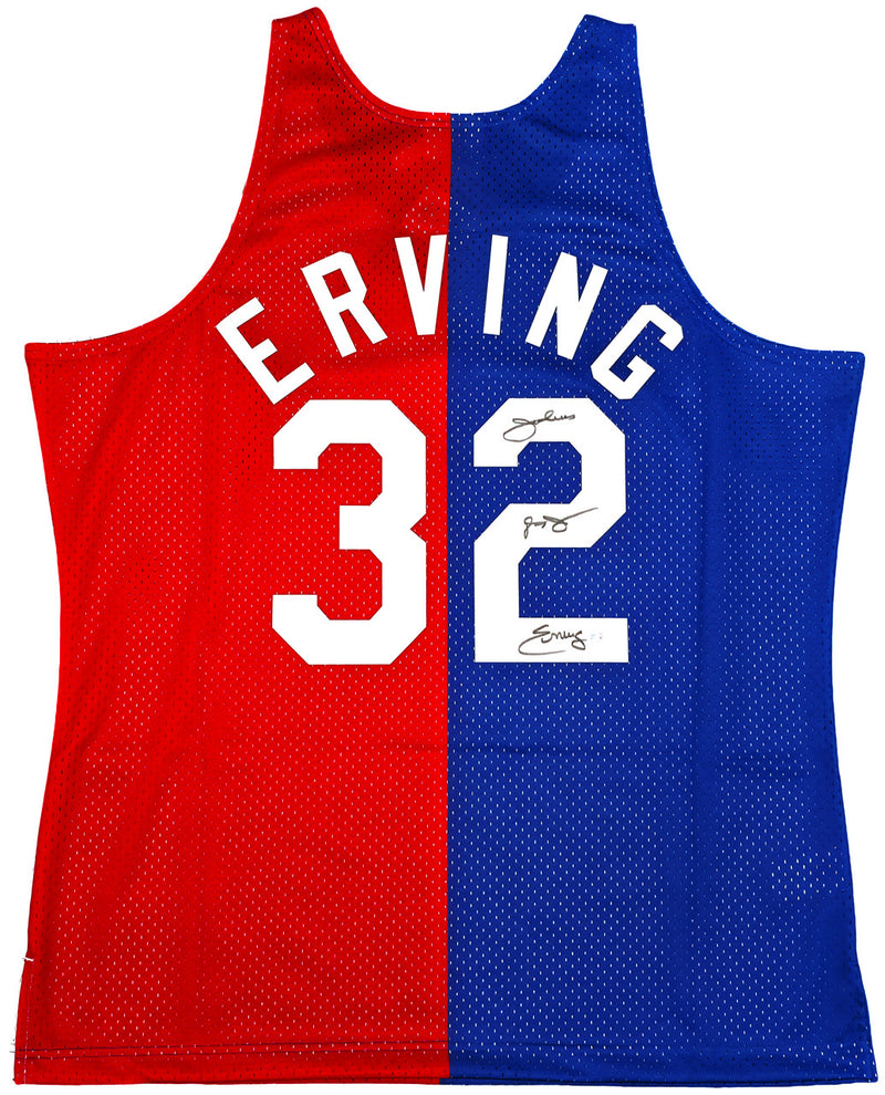 New York Nets Julius "Dr. J" Erving Autographed Red & Blue Authentic Mitchell & Ness 1973-74 HWC Swingman Jersey Size XL Beckett BAS Witness Stock #253702