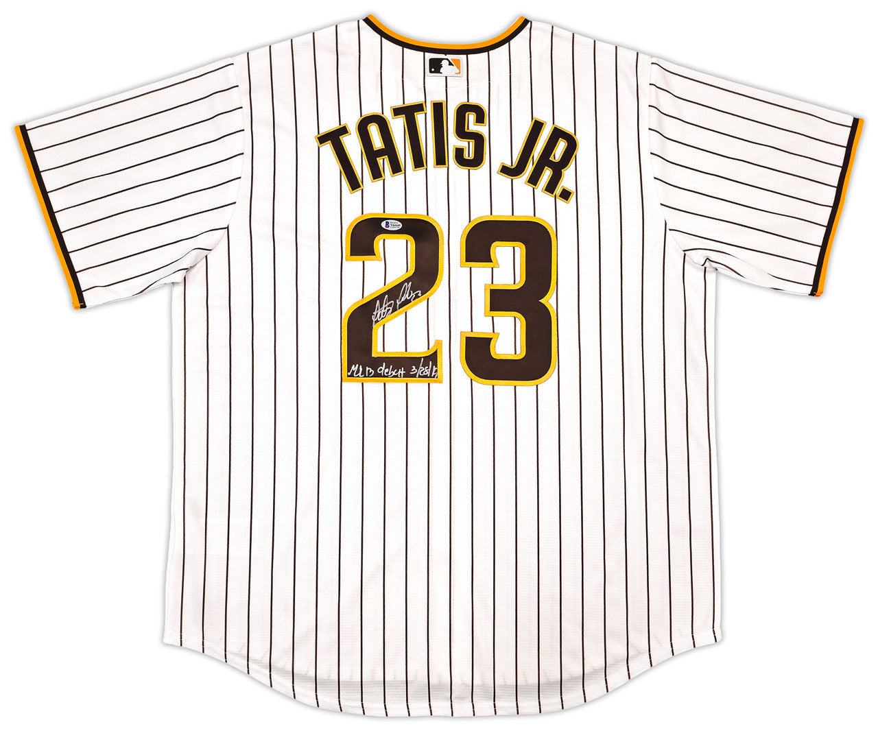 San Diego Padres Fernando Tatis Jr. Autographed White Pinstripes Nike Jersey Size XL "MLB Debut 3/28/19" Beckett BAS Stock #256876