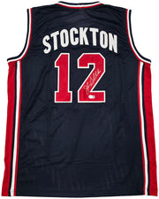 Team USA John Stockton Autographed Blue Jersey Beckett BAS Witness Stock #256901