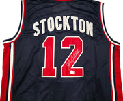 Team USA John Stockton Autographed Blue Jersey Beckett BAS Witness Stock #256901