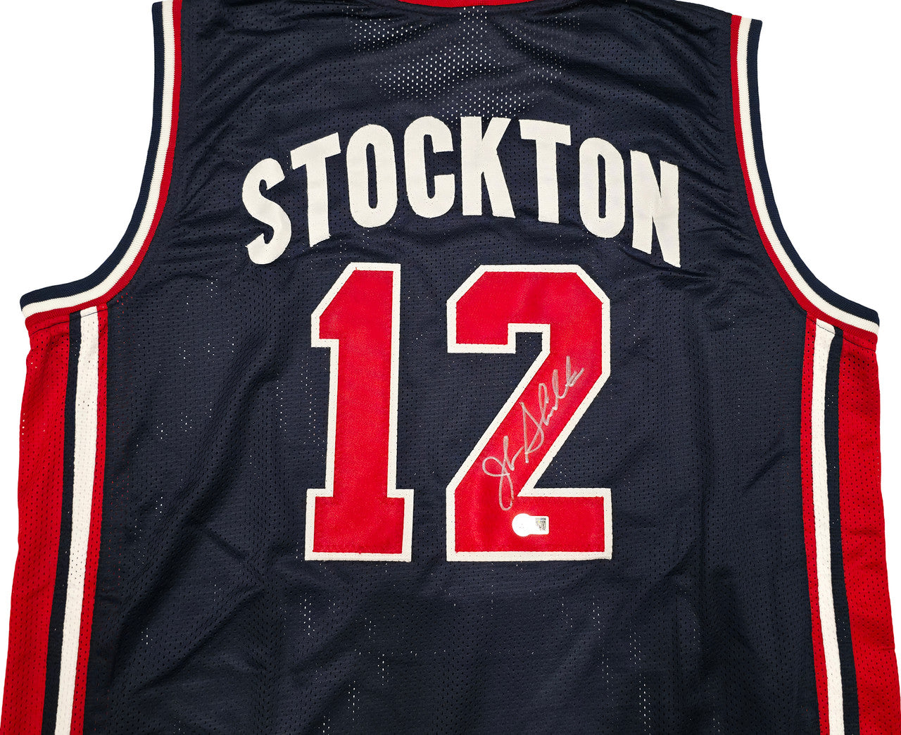 Team USA John Stockton Autographed Blue Jersey Beckett BAS Witness Stock #256901