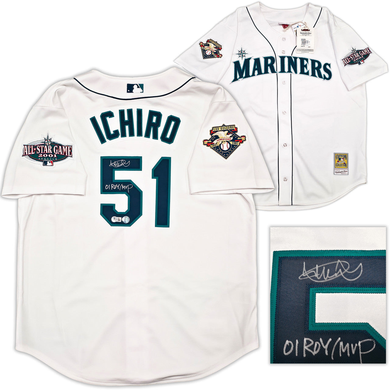 Seattle Mariners Ichiro Suzuki Autographed White Authentic Mitchell & Ness Cooperstown Authentic Collection 2001 ASG Patch Rookie Jersey Size 48 "01 ROY/MVP" IS Holo & Beckett BAS Witness Stock #256852