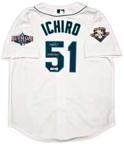 Seattle Mariners Ichiro Suzuki Autographed White Authentic Mitchell & Ness Cooperstown Authentic Collection 2001 ASG Patch Rookie Jersey Size 44 "01 ROY/MVP" IS Holo & Beckett BAS Witness Stock #256853
