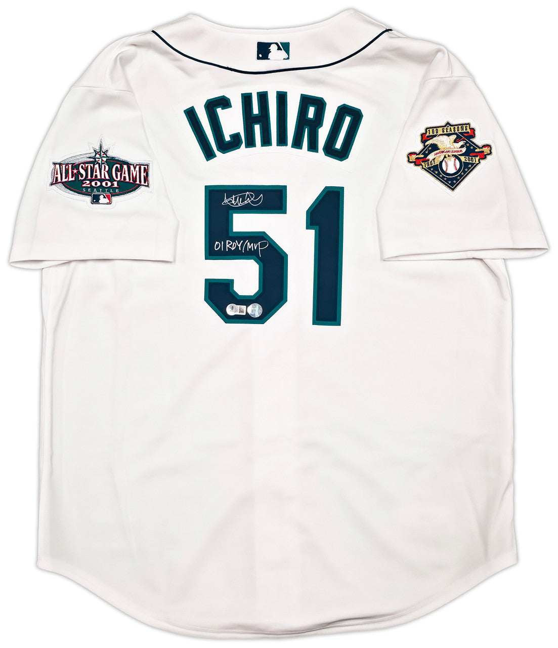 Seattle Mariners Ichiro Suzuki Autographed White Authentic Mitchell & Ness Cooperstown Authentic Collection 2001 ASG Patch Rookie Jersey Size 48 "01 ROY/MVP" IS Holo & Beckett BAS Witness Stock #256852