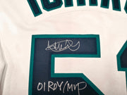 Seattle Mariners Ichiro Suzuki Autographed White Authentic Mitchell & Ness Cooperstown Authentic Collection 2001 ASG Patch Rookie Jersey Size 48 "01 ROY/MVP" IS Holo & Beckett BAS Witness Stock #256852