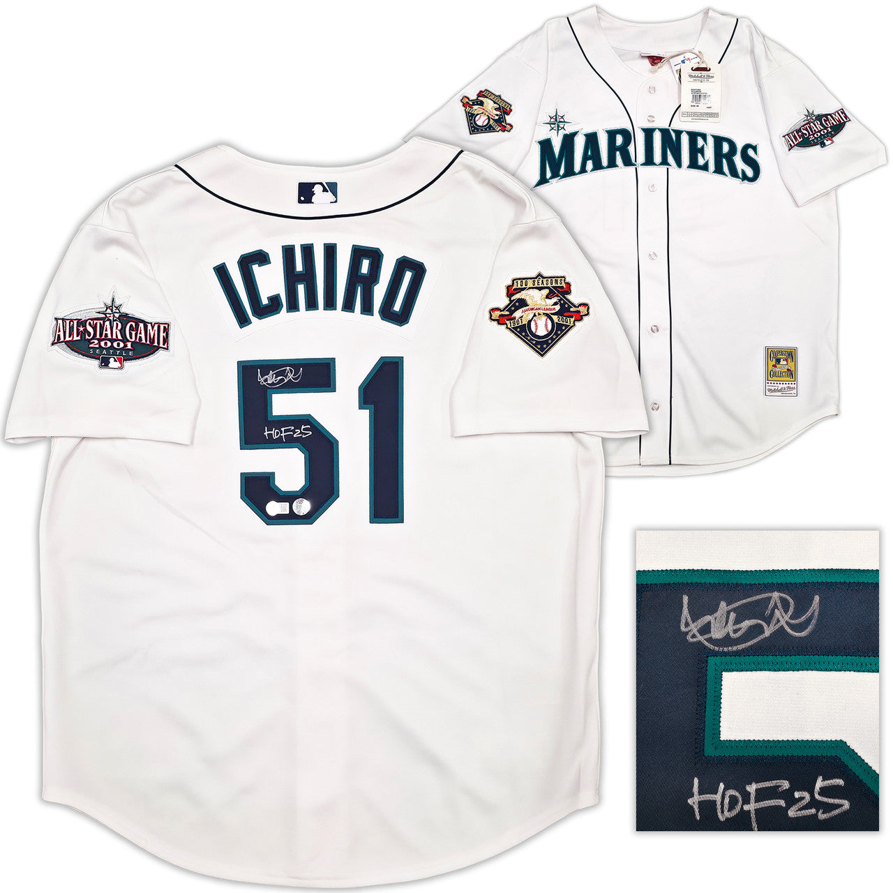 Seattle Mariners Ichiro Suzuki Autographed White Authentic Mitchell & Ness Cooperstown Authentic Collection 2001 ASG Patch Rookie Jersey Size 52 "HOF 25" IS Holo & Beckett BAS Witness Stock #256854