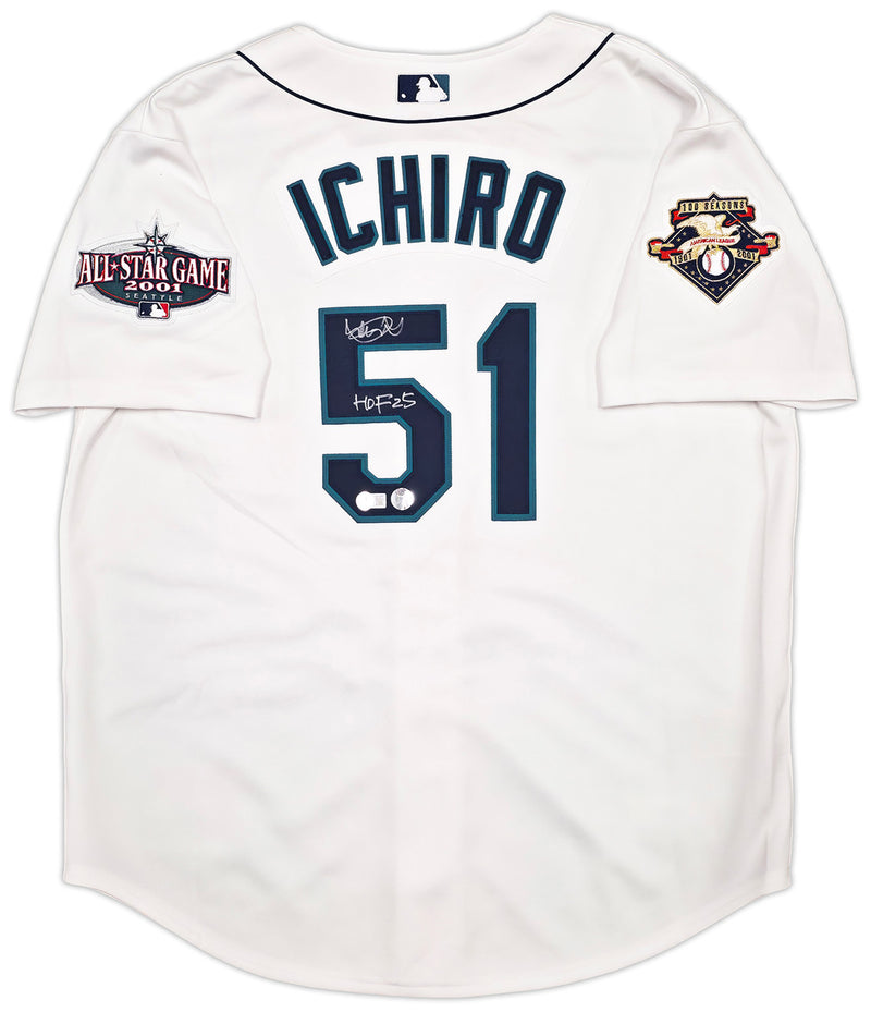 Seattle Mariners Ichiro Suzuki Autographed White Authentic Mitchell & Ness Cooperstown Authentic Collection 2001 ASG Patch Rookie Jersey Size 52 "HOF 25" IS Holo & Beckett BAS Witness Stock #256854