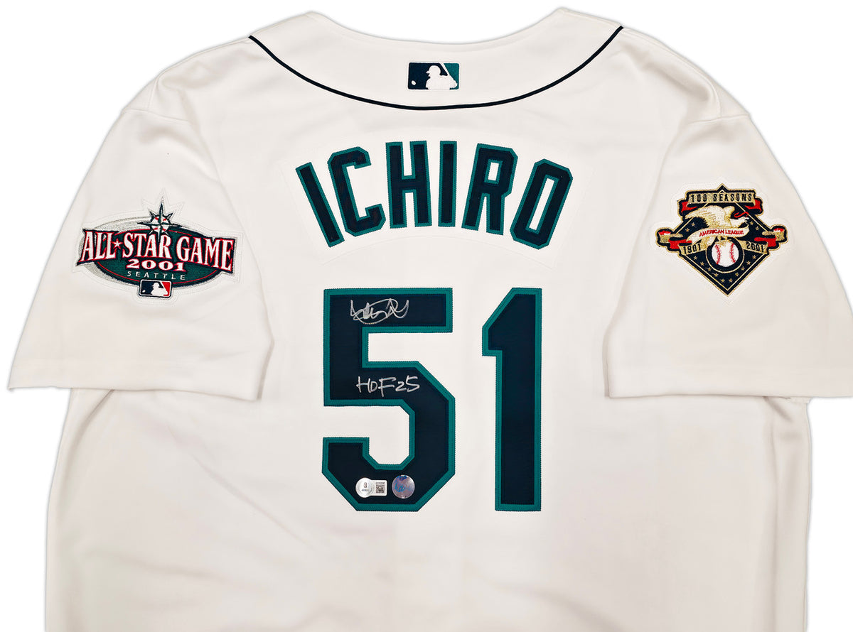 Seattle Mariners Ichiro Suzuki Autographed White Authentic Mitchell & Ness Cooperstown Authentic Collection 2001 ASG Patch Rookie Jersey Size 48 "HOF 25" IS Holo & Beckett BAS Witness Stock #256855