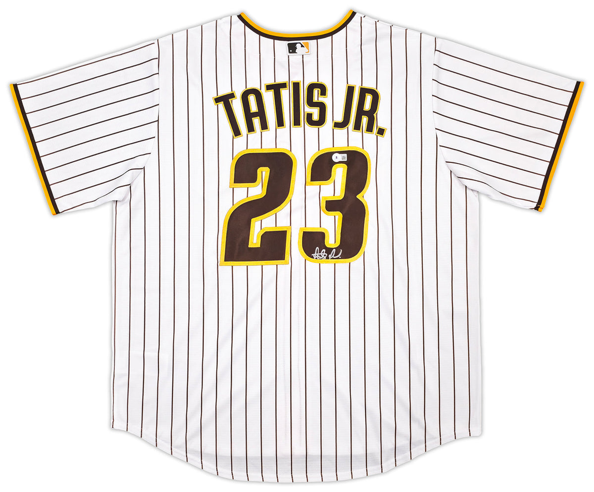 San Diego Padres Fernando Tatis Jr. Autographed White Pinstripes Nike Jersey Size XL Beckett BAS Witness Stock #256875