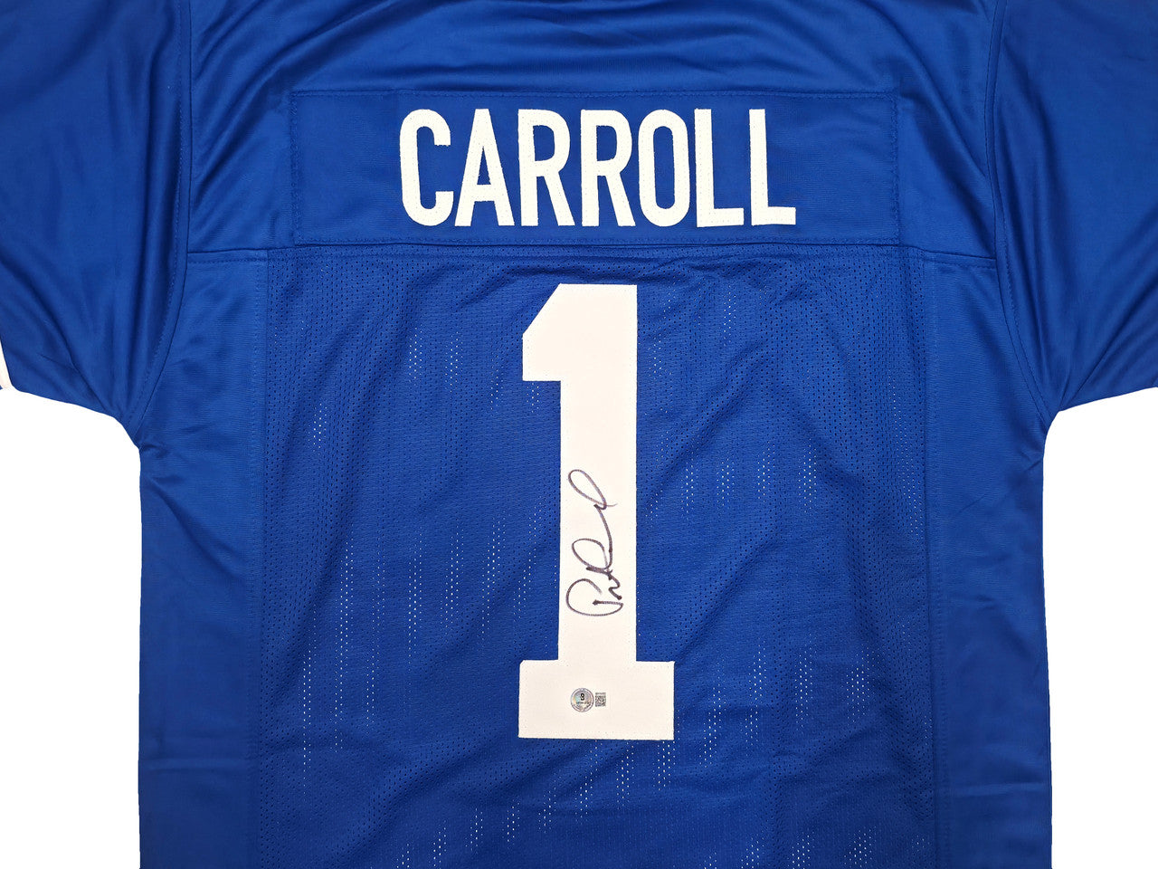 Seattle Seahawks Pete Carroll Autographed Blue Jersey Beckett BAS QR Stock #256902