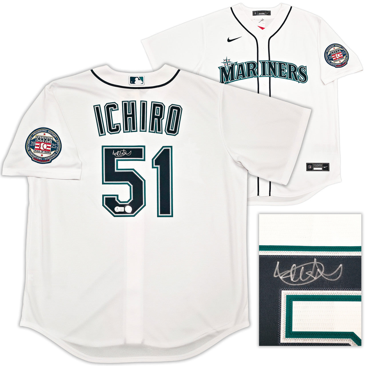 Seattle Mariners Ichiro Suzuki Autographed White Nike Hall of Fame Patch Jersey Size L IS Holo & Beckett BAS Witness Stock #256857