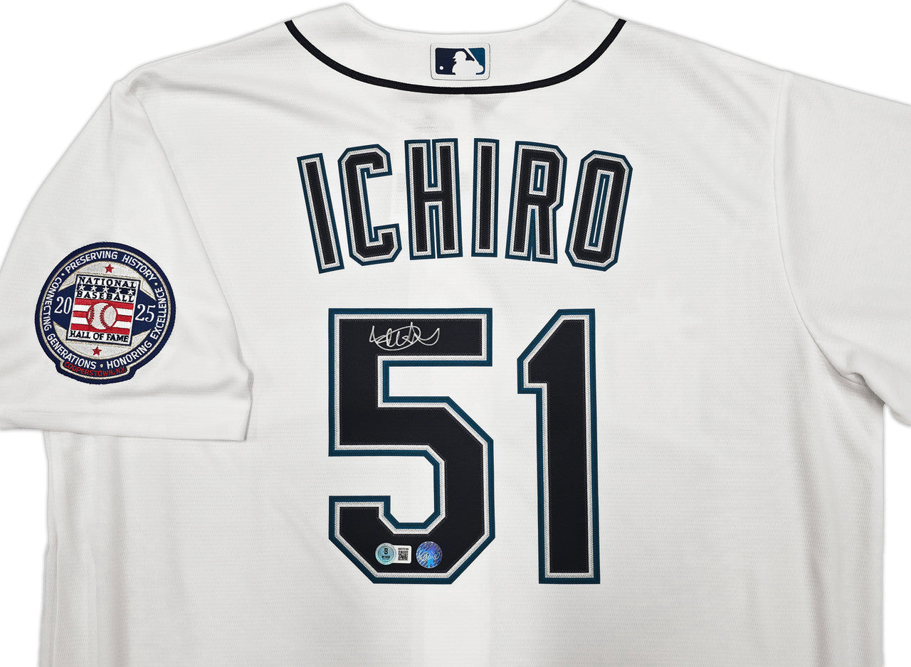 Seattle Mariners Ichiro Suzuki Autographed White Nike Hall of Fame Patch Jersey Size L IS Holo & Beckett BAS Witness Stock #256857