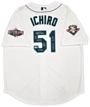 Seattle Mariners Ichiro Suzuki Autographed White Authentic Mitchell & Ness Cooperstown Authentic Collection 2001 ASG Patch Rookie Jersey Size 52 With 7 Stats IS Holo & Beckett BAS Witness Stock #256850