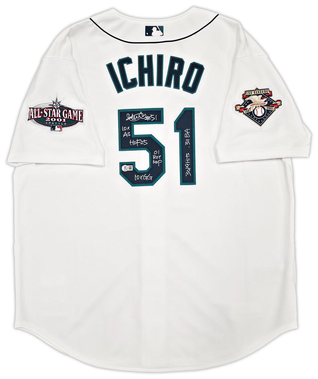 Seattle Mariners Ichiro Suzuki Autographed White Authentic Mitchell & Ness Cooperstown Authentic Collection 2001 ASG Patch Rookie Jersey Size 52 With 7 Stats IS Holo & Beckett BAS Witness Stock #256850