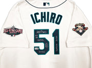 Seattle Mariners Ichiro Suzuki Autographed White Authentic Mitchell & Ness Cooperstown Authentic Collection 2001 ASG Patch Rookie Jersey Size 52 With 7 Stats IS Holo & Beckett BAS Witness Stock #256850