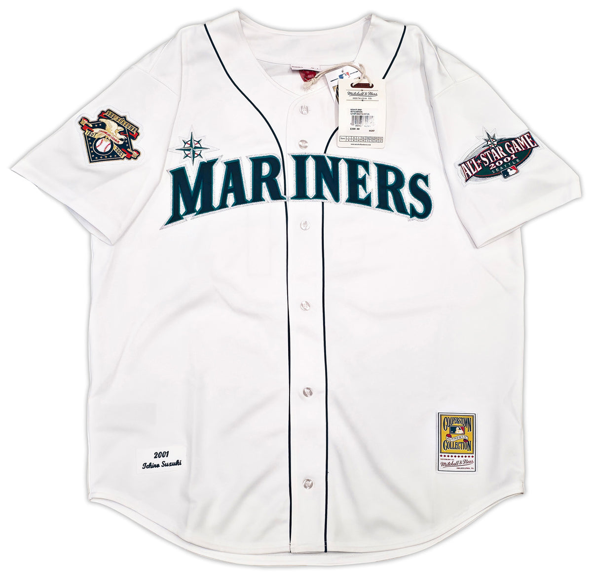 Seattle Mariners Ichiro Suzuki Autographed White Authentic Mitchell & Ness Cooperstown Authentic Collection 2001 ASG Patch Rookie Jersey Size 52 With 7 Stats IS Holo & Beckett BAS Witness Stock #256850