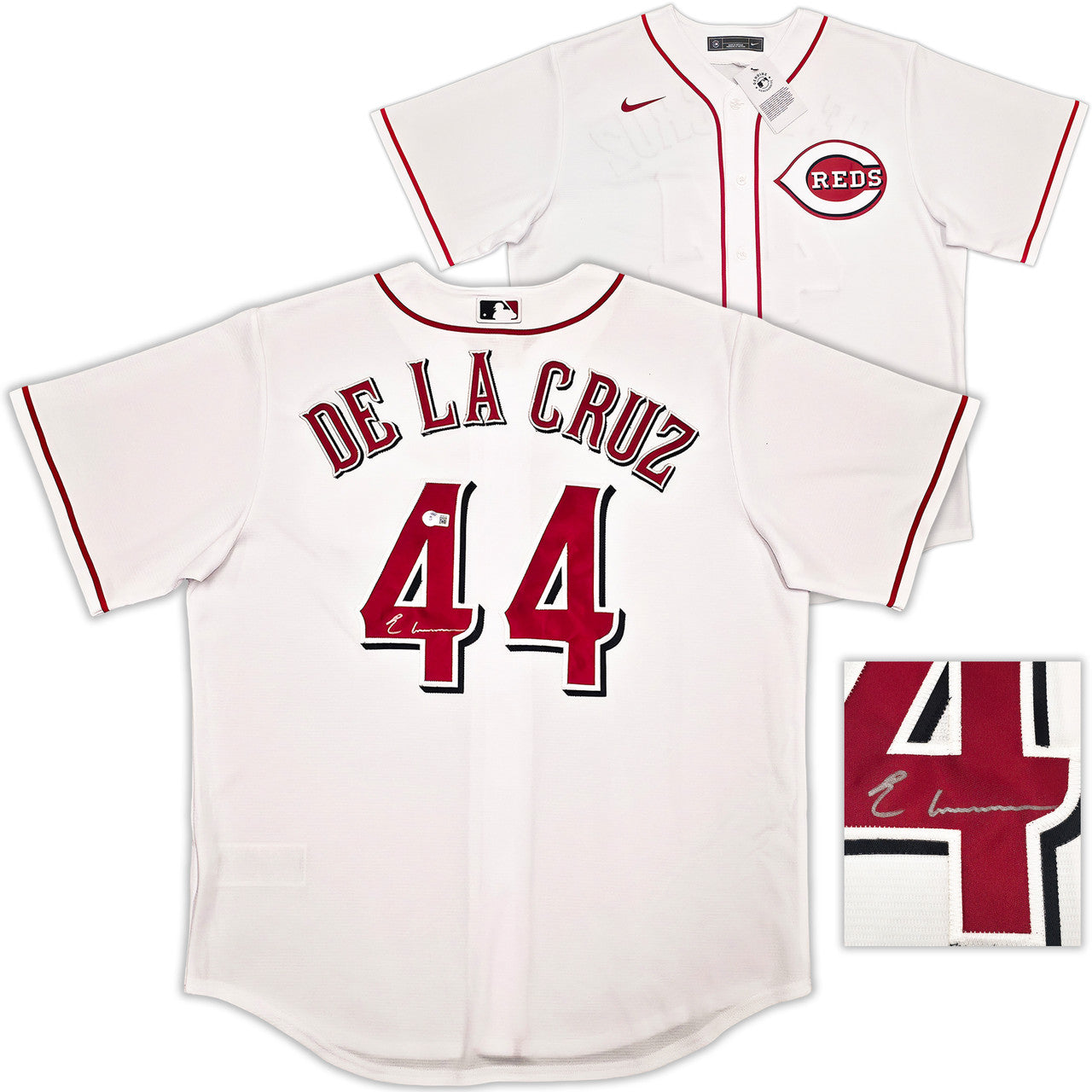 Cincinnati Reds Elly De La Cruz Autographed White Nike Jersey Size XL Beckett BAS Witness Stock #256884