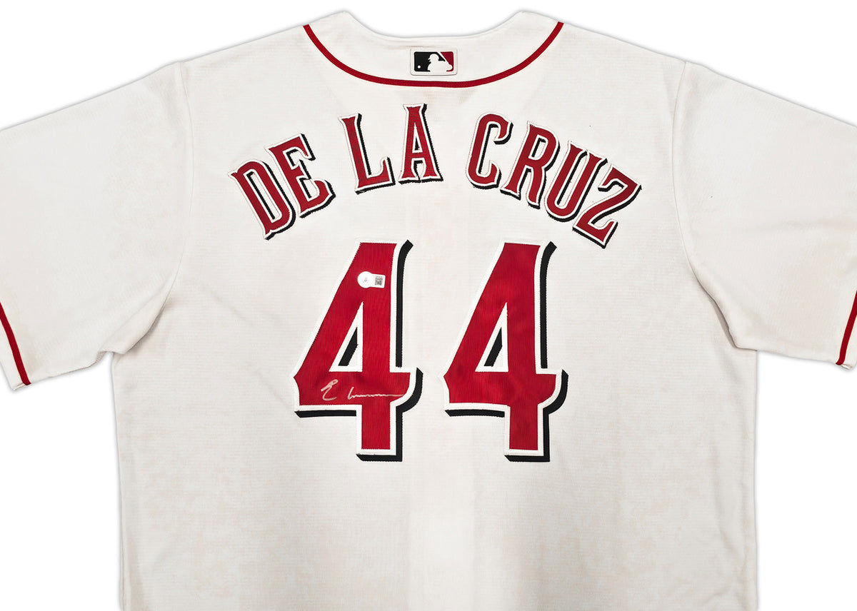 Cincinnati Reds Elly De La Cruz Autographed White Nike Jersey Size L Beckett BAS Witness Stock #256883