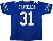 Seattle Seahawks Kam Chancellor Autographed Blue Throwback Jersey Beckett BAS Witness Stock #259852