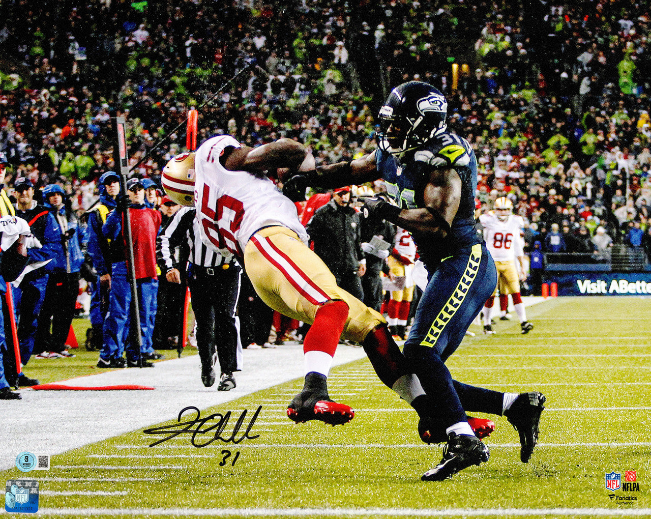 Kam Chancellor Autographed 16x20 Photo (Hit On Vernon Davis) Seattle Seahawks Beckett BAS Witness Stock #259859