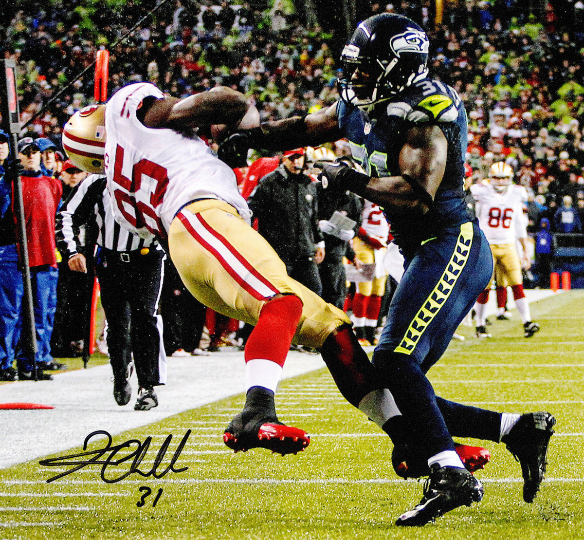 Kam Chancellor Autographed 16x20 Photo (Hit On Vernon Davis) Seattle Seahawks Beckett BAS Witness Stock #259859