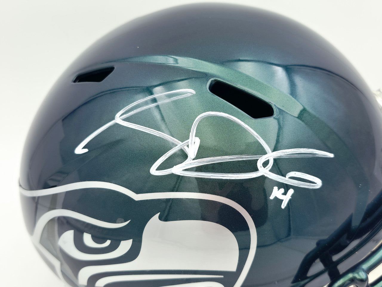 Sam Darnold Autographed Seattle Seahawks Metallic Green Rivalries Full Size Speed Replica Helmet Beckett BAS Witness Stock #261507