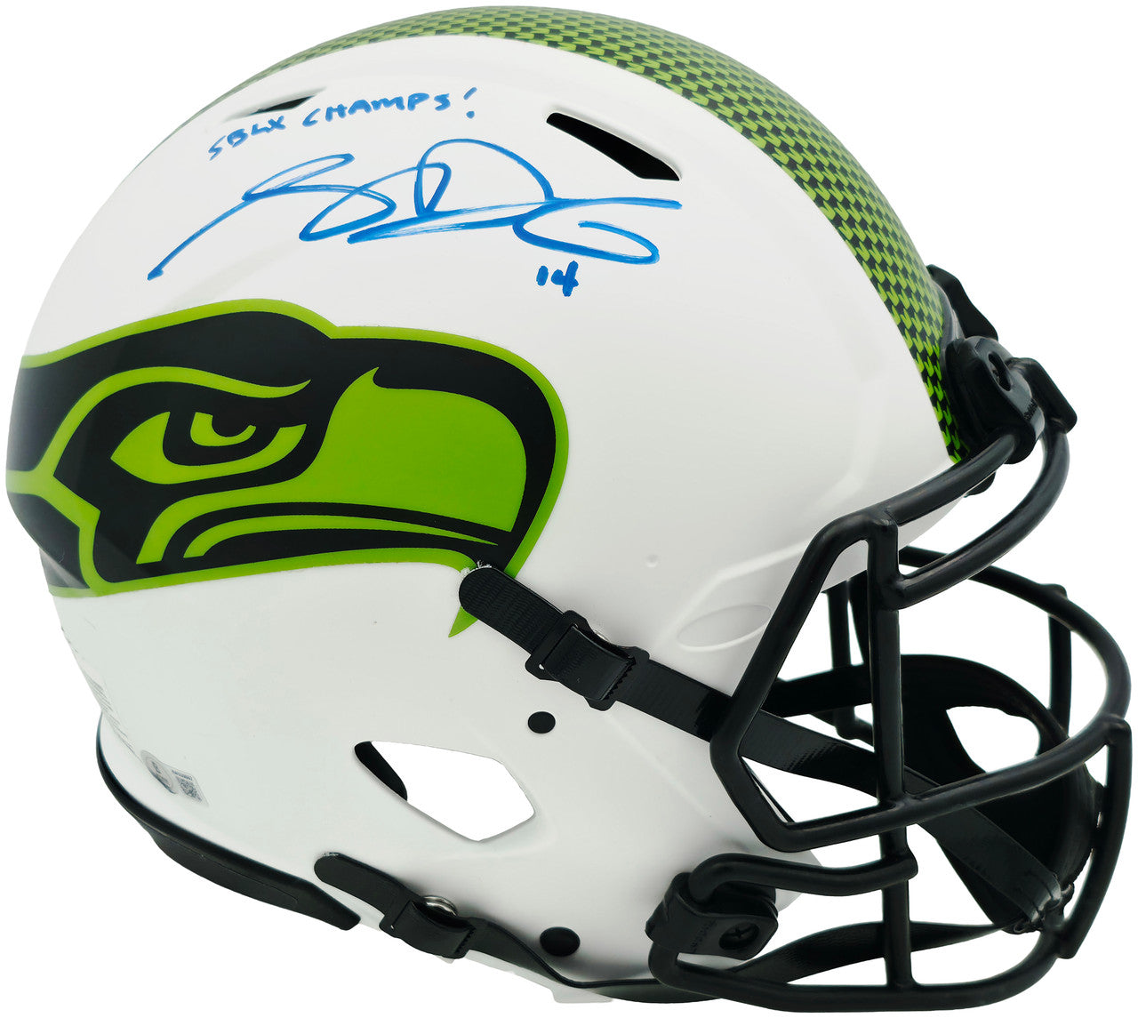 Sam Darnold Autographed Seattle Seahawks Lunar Eclipse White Full Size Speed Authentic Helmet "SB LX Champs" Beckett BAS Witness Stock #261510