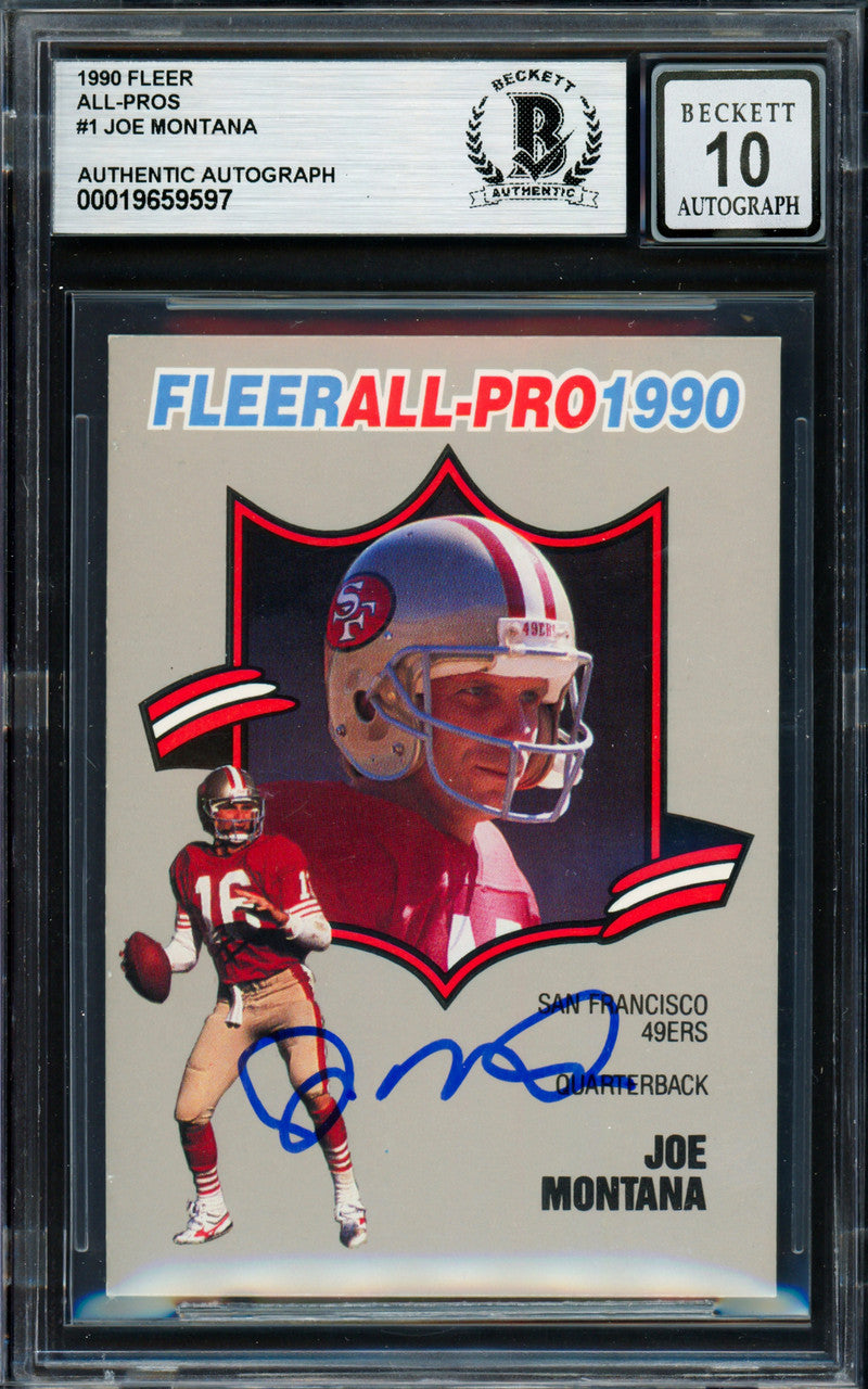 Joe Montana Autographed 1990 Fleer All Pro Card #1 San Francisco 49ers Auto Grade Gem Mint 10 Beckett BAS Stock #261780