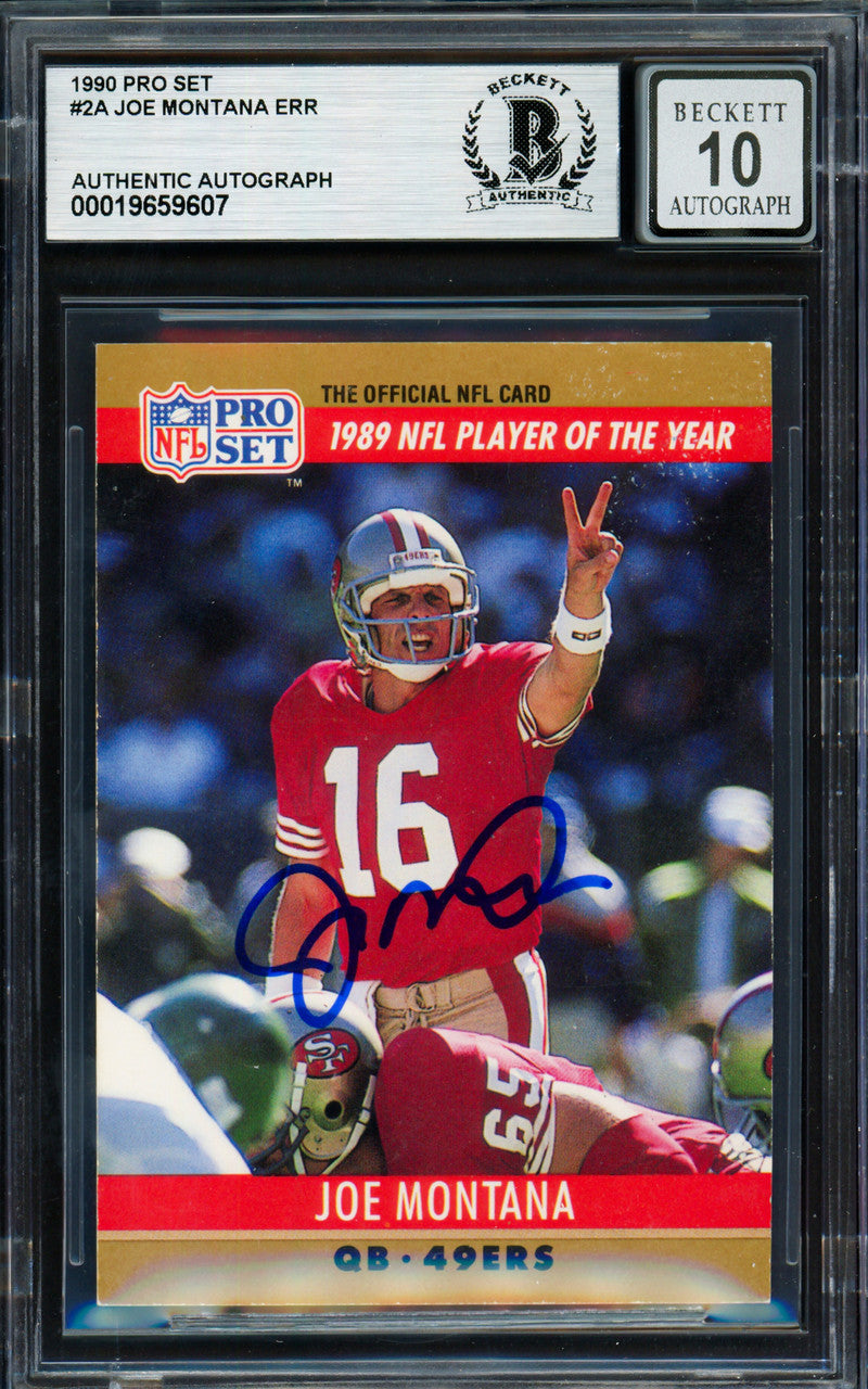 Joe Montana Autographed 1990 Pro Set Card #2 San Francisco 49ers Auto Grade Gem Mint 10 Beckett BAS Stock #261781
