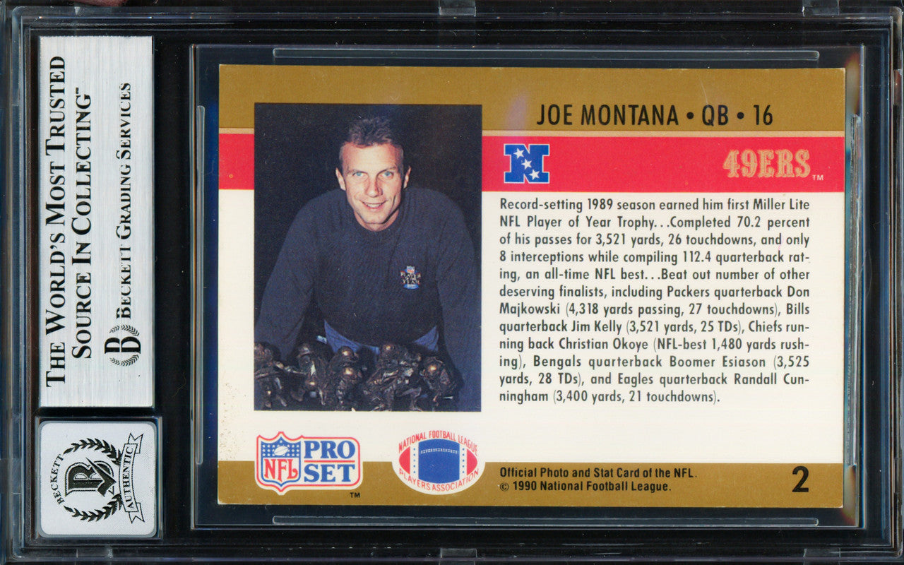 Joe Montana Autographed 1990 Pro Set Card #2 San Francisco 49ers Auto Grade Gem Mint 10 Beckett BAS Stock #261781
