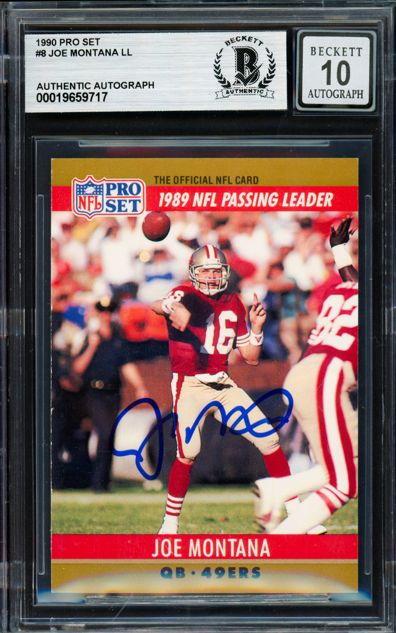Joe Montana Autographed 1990 Pro Set Card #8 San Francisco 49ers Auto Grade Gem Mint 10 Beckett BAS Stock #261782