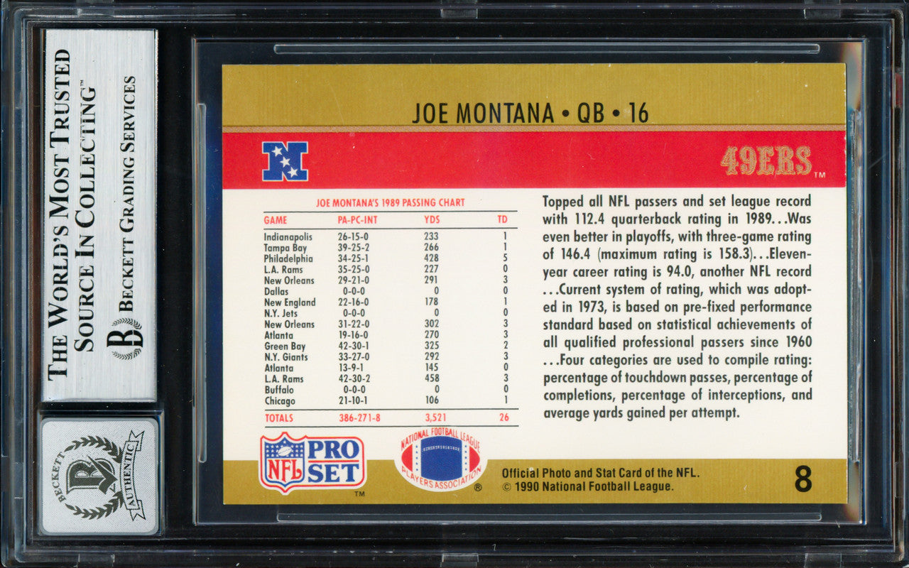 Joe Montana Autographed 1990 Pro Set Card #8 San Francisco 49ers Auto Grade Gem Mint 10 Beckett BAS Stock #261782