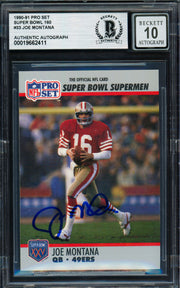 Joe Montana Autographed 1990 Pro Set Supermen Card #33 San Francisco 49ers Auto Grade Gem Mint 10 Beckett BAS Stock #261785