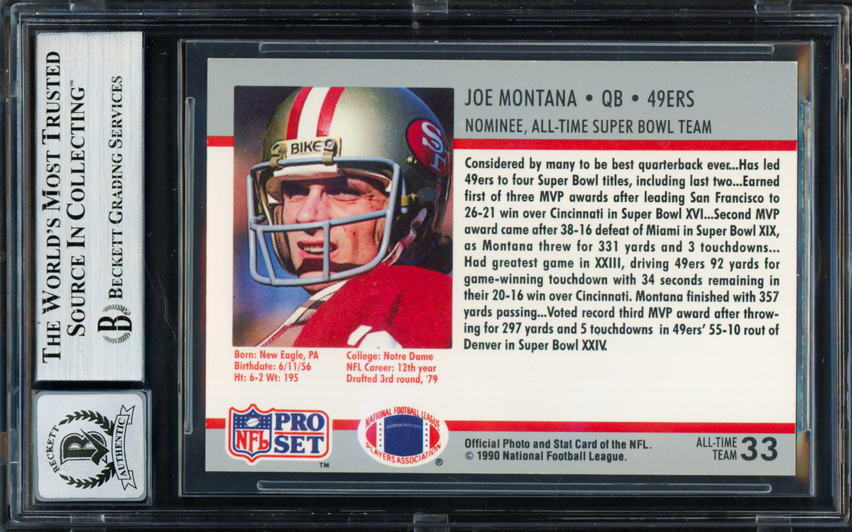 Joe Montana Autographed 1990 Pro Set Supermen Card #33 San Francisco 49ers Auto Grade Gem Mint 10 Beckett BAS Stock #261785