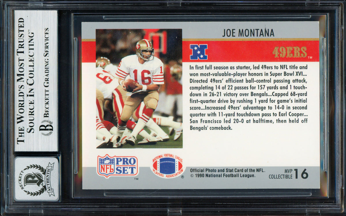 Joe Montana Autographed 1990 Pro Set Card #16 San Francisco 49ers Auto Grade Gem Mint 10 Beckett BAS Stock #261786