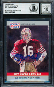 Joe Montana Autographed 1990 Pro Set Card #19 San Francisco 49ers Auto Grade Gem Mint 10 Beckett BAS Stock #261787